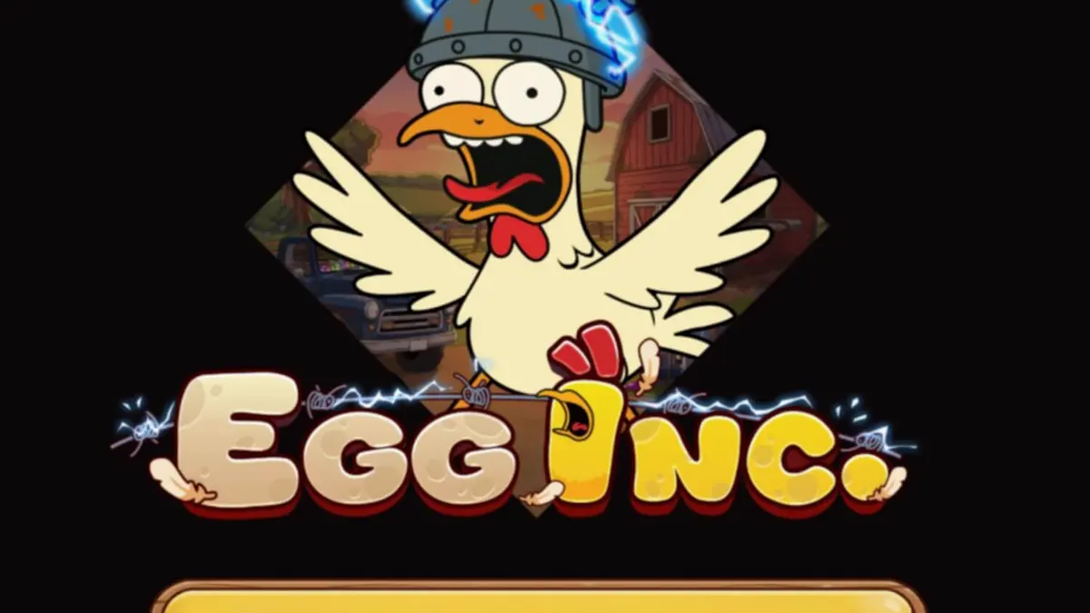 Egg Inc. স্লট গেমের ইন্টারফেস এবং কার্টুনিশ খামারের দৃশ্য
